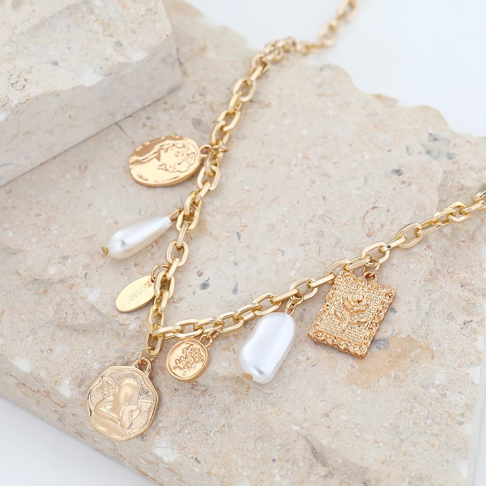 BONJOULRY Gold Charm Necklace for Women White Pearl Choker Head Portrait Square Pendant Necklace Boho Charm Necklaces Jewelry