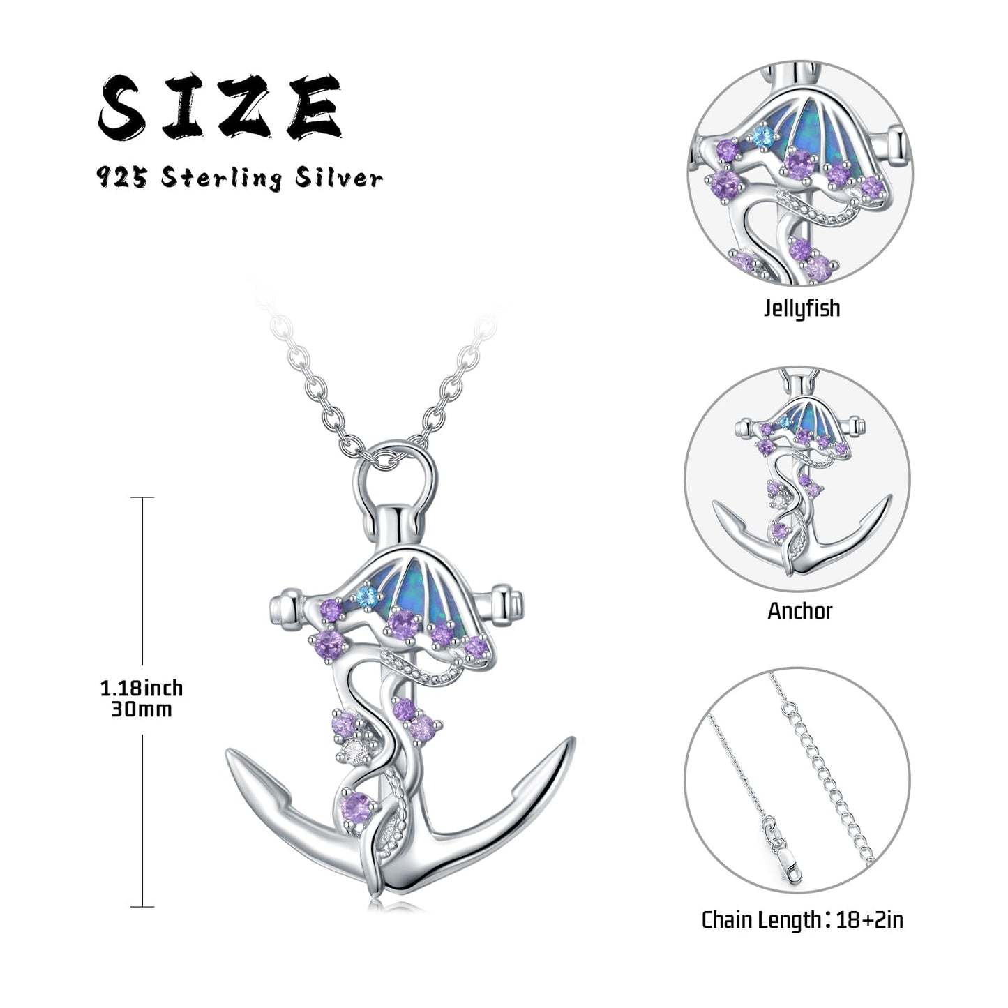 KoyeKei Jellyfish Necklace for Women 925 Sterling Silver Anchor Necklaces Jellyfish Nautical Pendant with Blue Opal Jewelry Christmas Graduation Gifts for Lover Her Mom Girlfriend