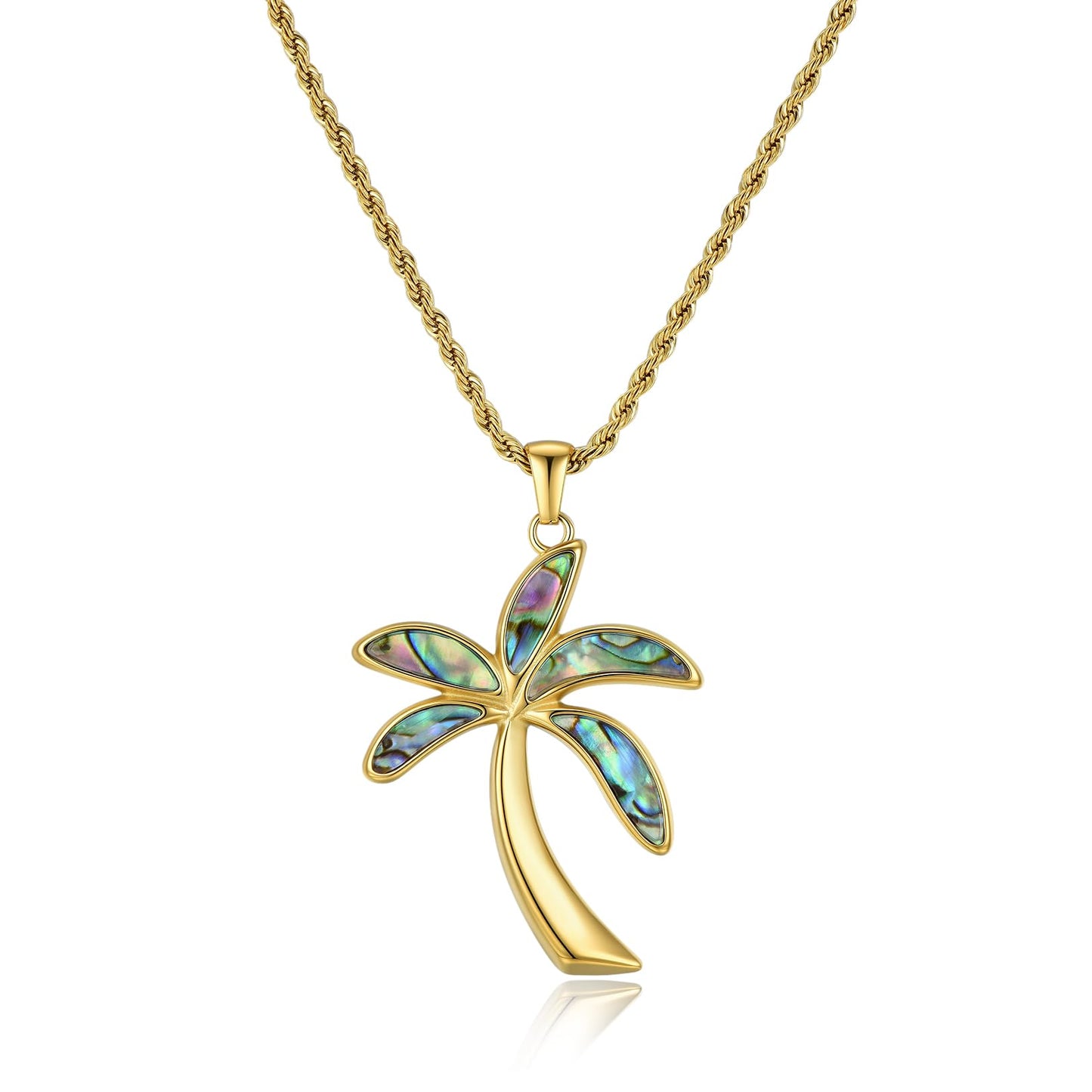 NUZON Abalone Shell Palm Tree Necklace for Women, 18K Gold Plated Stainless Steel Coconut Tree Pendant, Waterproof Hypoallergenic 20.5 Inch Twisted Rope Chain, Tropical Beach Vacation Jewelry Gift for Her