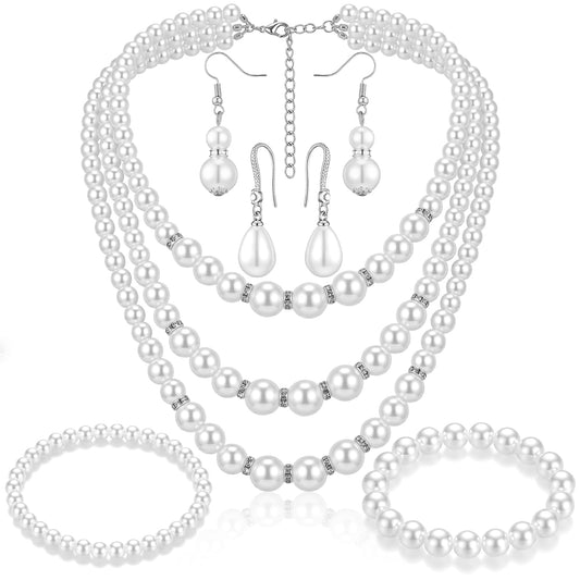 Glenmal Pearl Rhinestone Jewelry Set for Women Pearl Necklace Bracelet Earrings for Wedding Birthday Bridal Shower Tea Party(5 Pcs,Classy Style)