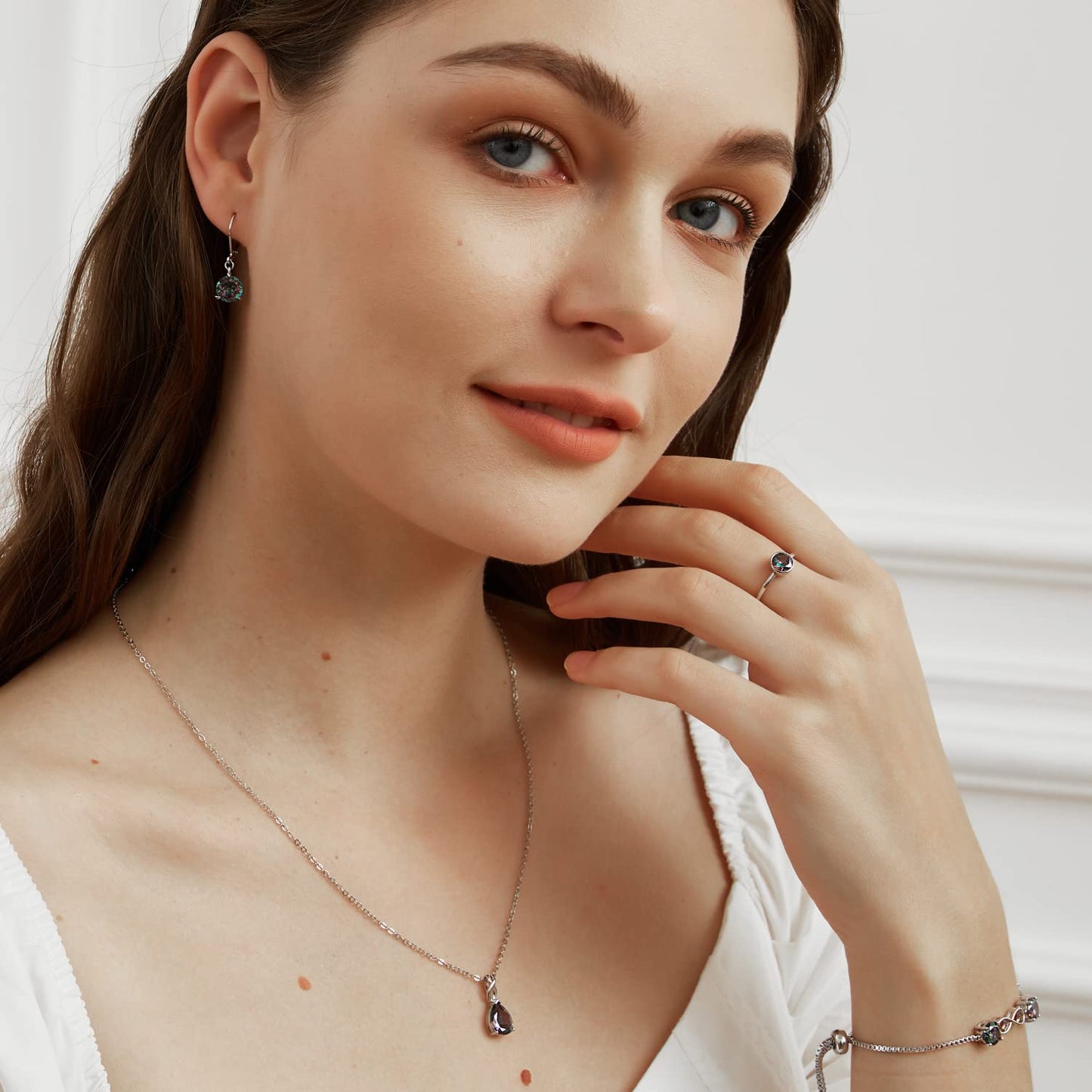 VOLUKA 18K White Gold Plated Rainbow CZ Jewelry Set Teardrop Necklace/Leverback Earrings/Adjustable Infinity Bracelet for Women Pack of 3