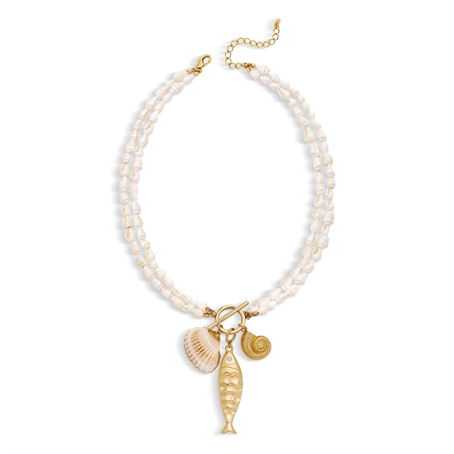 ENSKEFEN Gold Fish Necklaces for Women Double-layer White Shell Beads Necklace Mermaid Seashell Conch Pendant Necklaces Summer Beach Statement Necklace