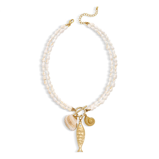 ENSKEFEN Gold Fish Necklaces for Women Double-layer White Shell Beads Necklace Mermaid Seashell Conch Pendant Necklaces Summer Beach Statement Necklace