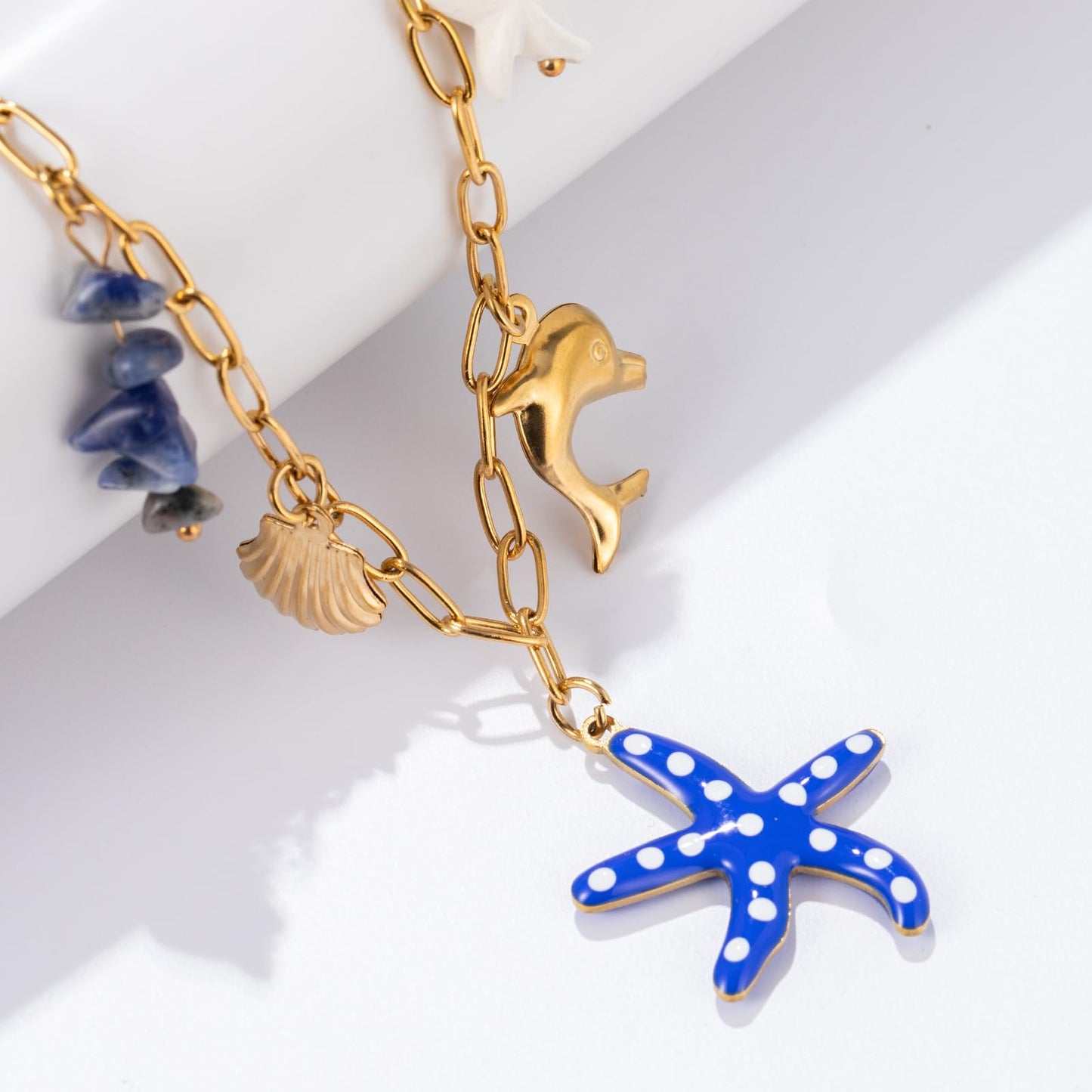Chunky Gold Necklace Statement Boho Beach Ocean Summer Stainless Steel Jewelry Shell Starfish Turquoise Dolphin Pearl Sun Flower Wave Heart Fish Charm Choker Necklaces for Women(Blue Starfish)