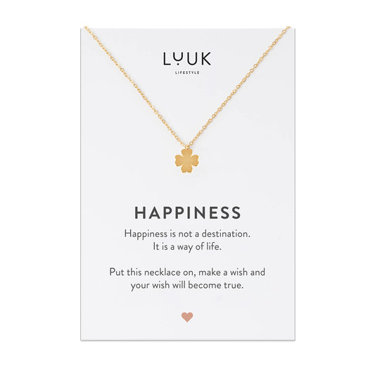 LUUK LIFESTYLE Feminine necklace made of stainless steel with clover pendant and HAPPINESS gift card, fashion jewelry for women and teenagers, 19”, travel lucky charm, trendy accessory for her, gold