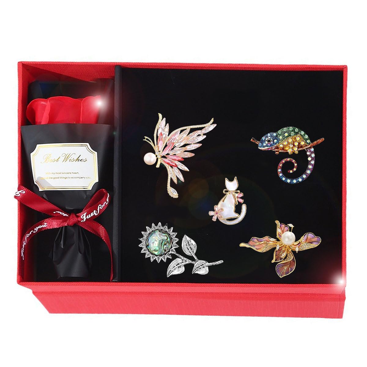 Flower and Animal Brooch Set Gift Box for Women Rhinestone Zircon Flower and Animal Pin Birthday Holiday Gift for Wife Girlfriend Mother