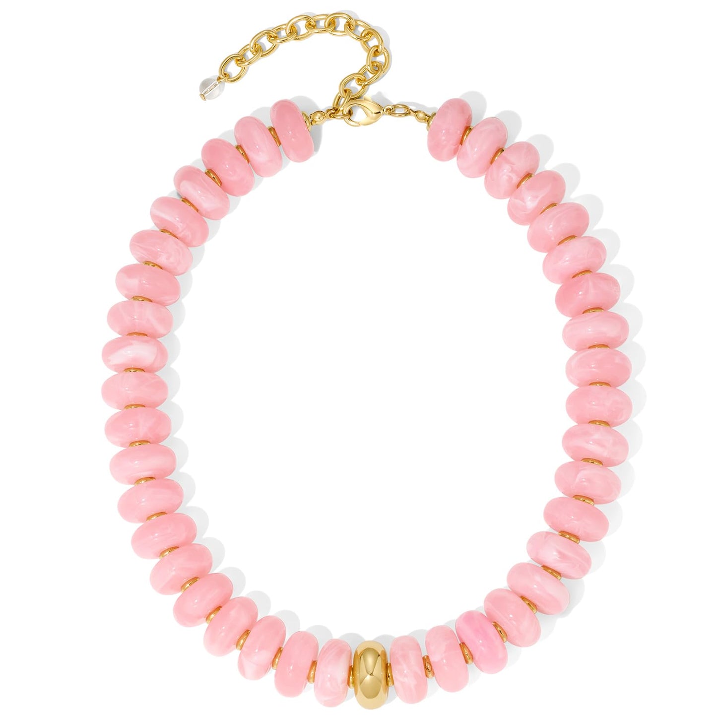 FAUTHENTICUTE Pink Beaded Choker Necklace for Women Chunky Acrylic Resin Bead Statement Necklaces with Gold Accent Trendy Summer Beach Necklace Western Style Boho Bead Jewelry Gift