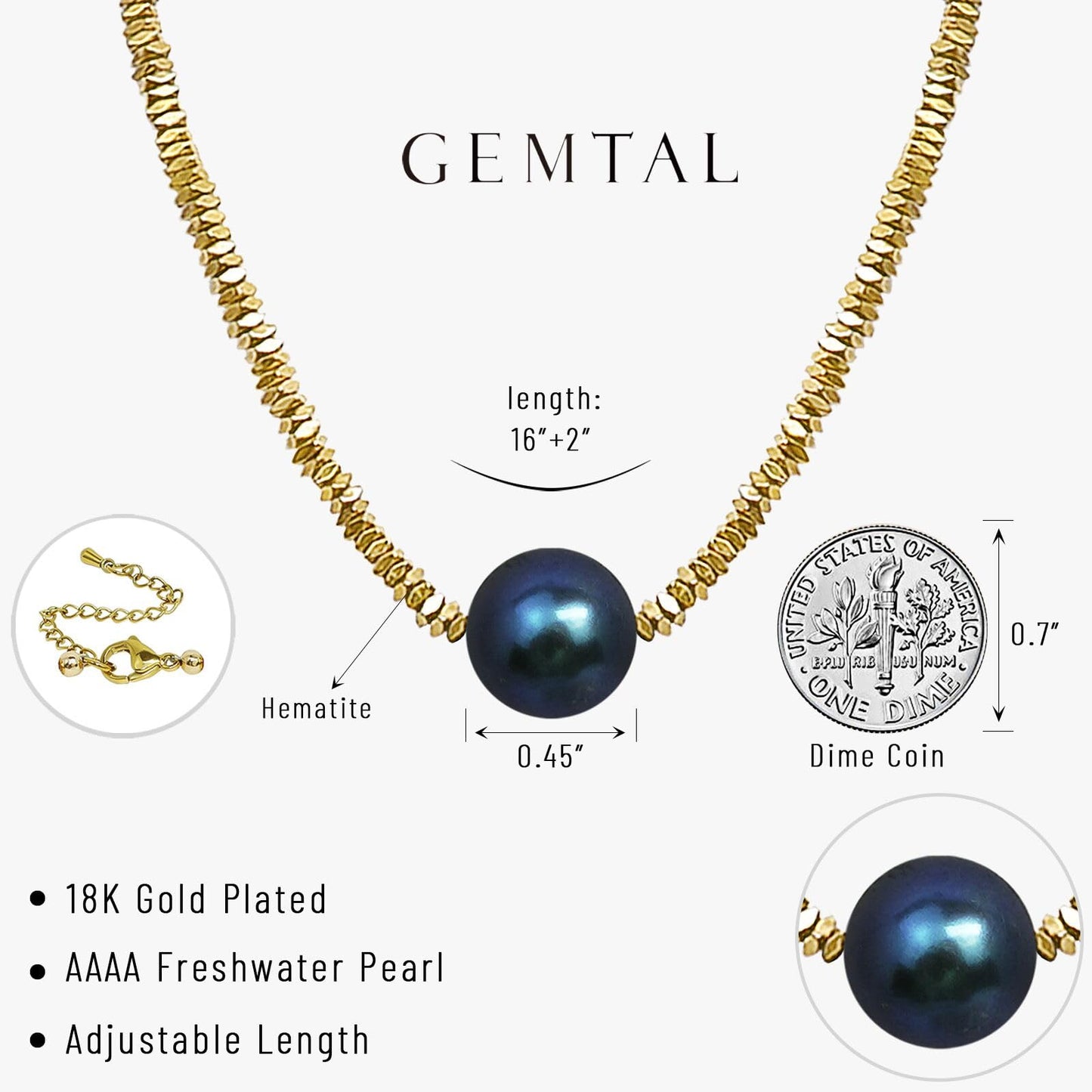 GEMTAL Dainty Single Pearl Pendant Necklaces for Women Trendy,18K Gold Plated Handmade Stone Beaded Choker Necklace,Delicate Round Freshwater Pearl Necklace Jewelry Gift for Women Girls(Black/Gold)