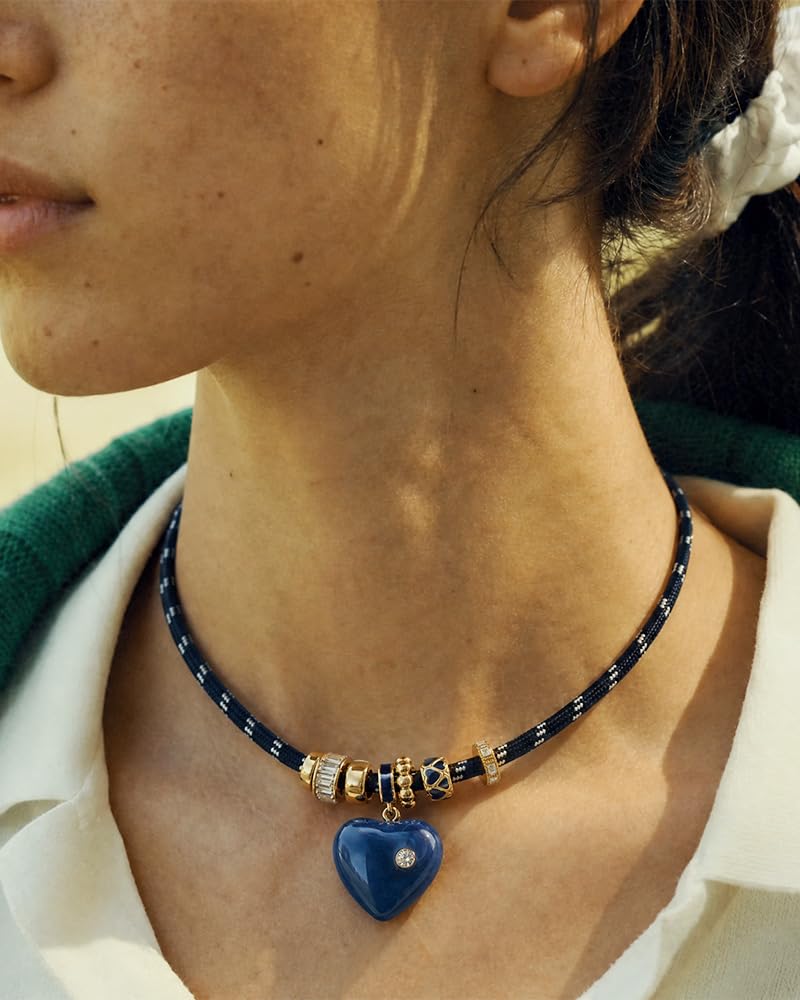 MYCUTEY Navy Blue Heart Necklace for Women Adjustable Blue Cord Choker with Gold Plated Beaded Statement Heart Pendant Rope Charm Necklace Trendy Summer Lapis Lazuli Jewelry Gifts