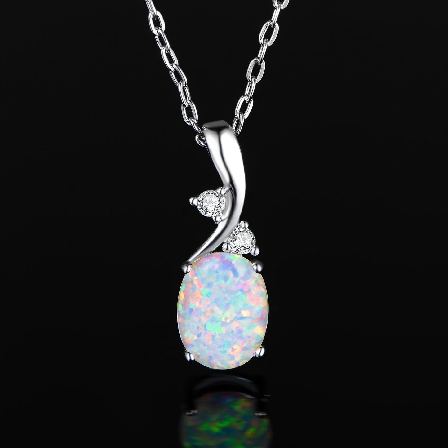 VOLUKA Oval White Opal Pendant Necklace 18K White Gold Plated 7x9mm Birthstone Best Friend 17.5 Inch OPALTOP