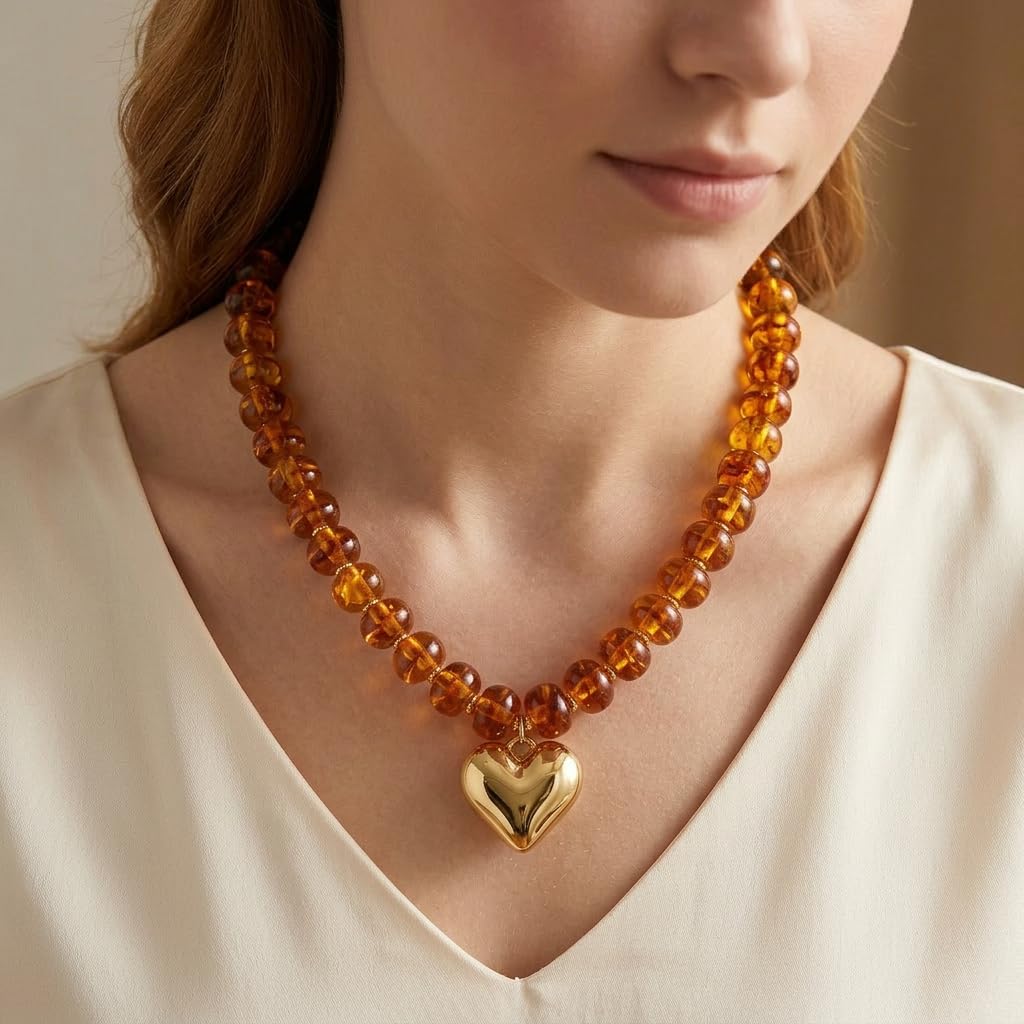 Frigotine Tortoiseshell Chunky Heart Necklace for Women, Brown Amber Resin Beaded Choker with Gold Puffy Heart, Trendy Acrylic Statement Jewelry Gift