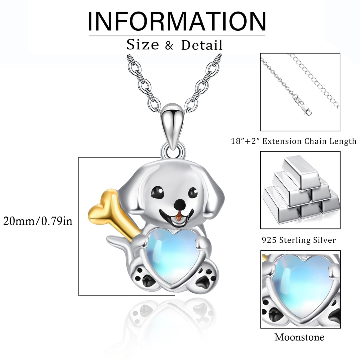 Dreamboat Dog Pendant Necklace for Women 925 Sterling Silver Moonstone Puppy Animal Jewelry Christmas Birthday Gifts for Dog Mom