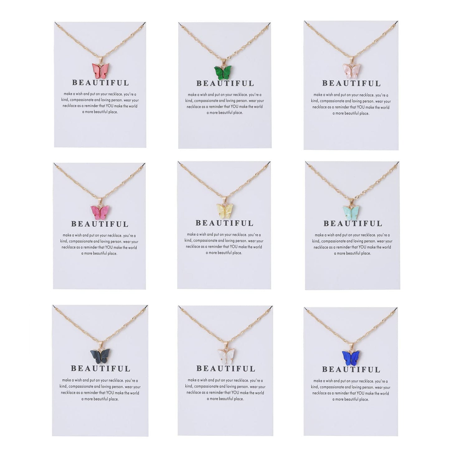 Rrdaily 9 Pcs Dainty Colorful Butterfly Pendant Necklace Set for Women,Bohemian Acrylic Butterfly Chain Necklace Cute Jewelry Gift (White card)