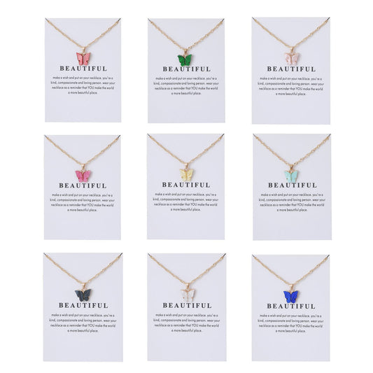 Rrdaily 9 Pcs Dainty Colorful Butterfly Pendant Necklace Set for Women,Bohemian Acrylic Butterfly Chain Necklace Cute Jewelry Gift (White card)