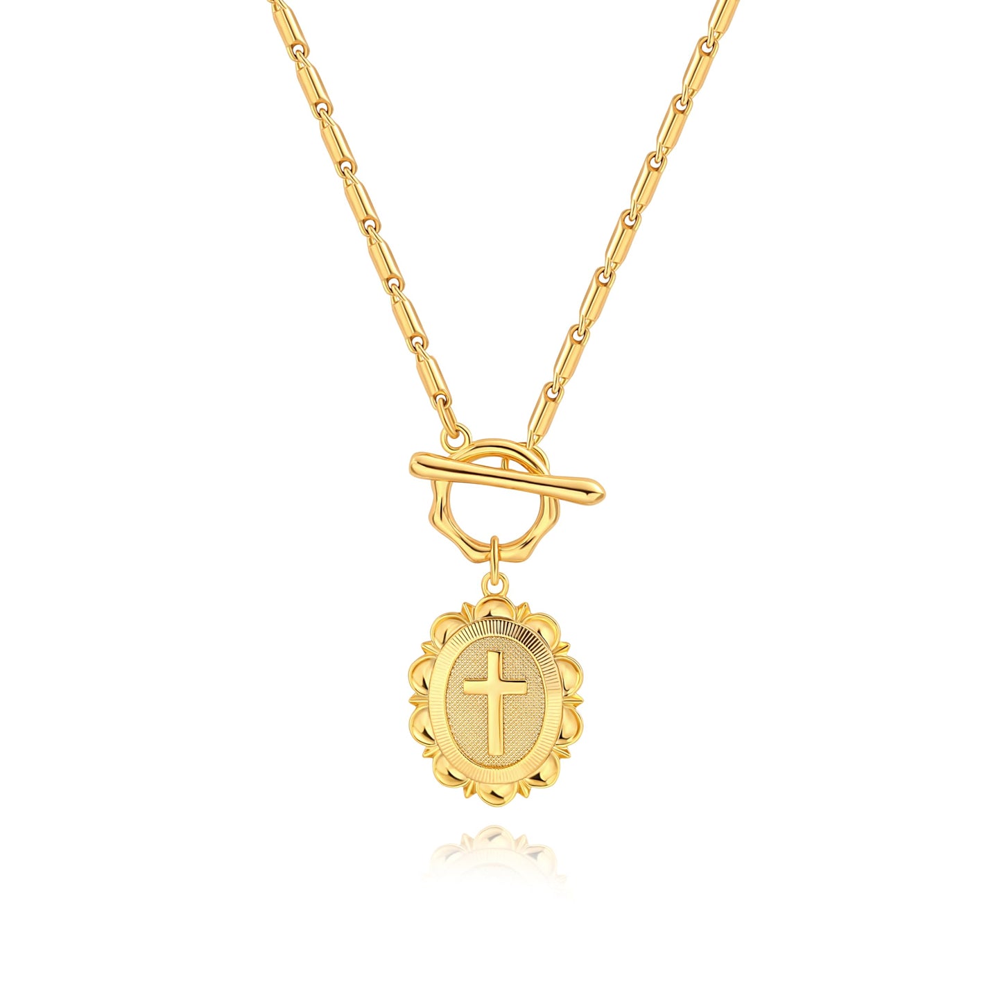 PEARLADA Dainty Cross Necklace for Women, Statement 18k Gold Plated Toggle Necklace, Vintage Christian Jewelry