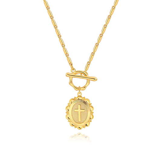 PEARLADA Dainty Cross Necklace for Women, Statement 18k Gold Plated Toggle Necklace, Vintage Christian Jewelry