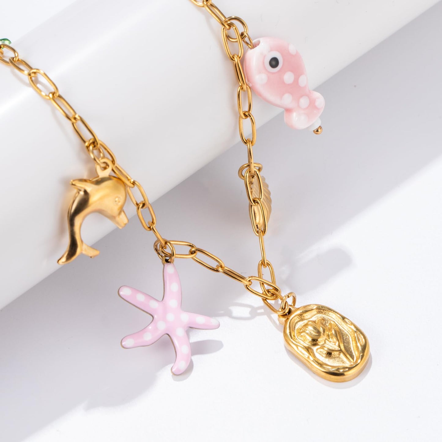 Chunky Gold Necklace Statement Boho Beach Ocean Summer Stainless Steel Jewelry Shell Starfish Turquoise Dolphin Pearl Sun Flower Wave Heart Fish Charm Choker Necklaces for Women(Flower)