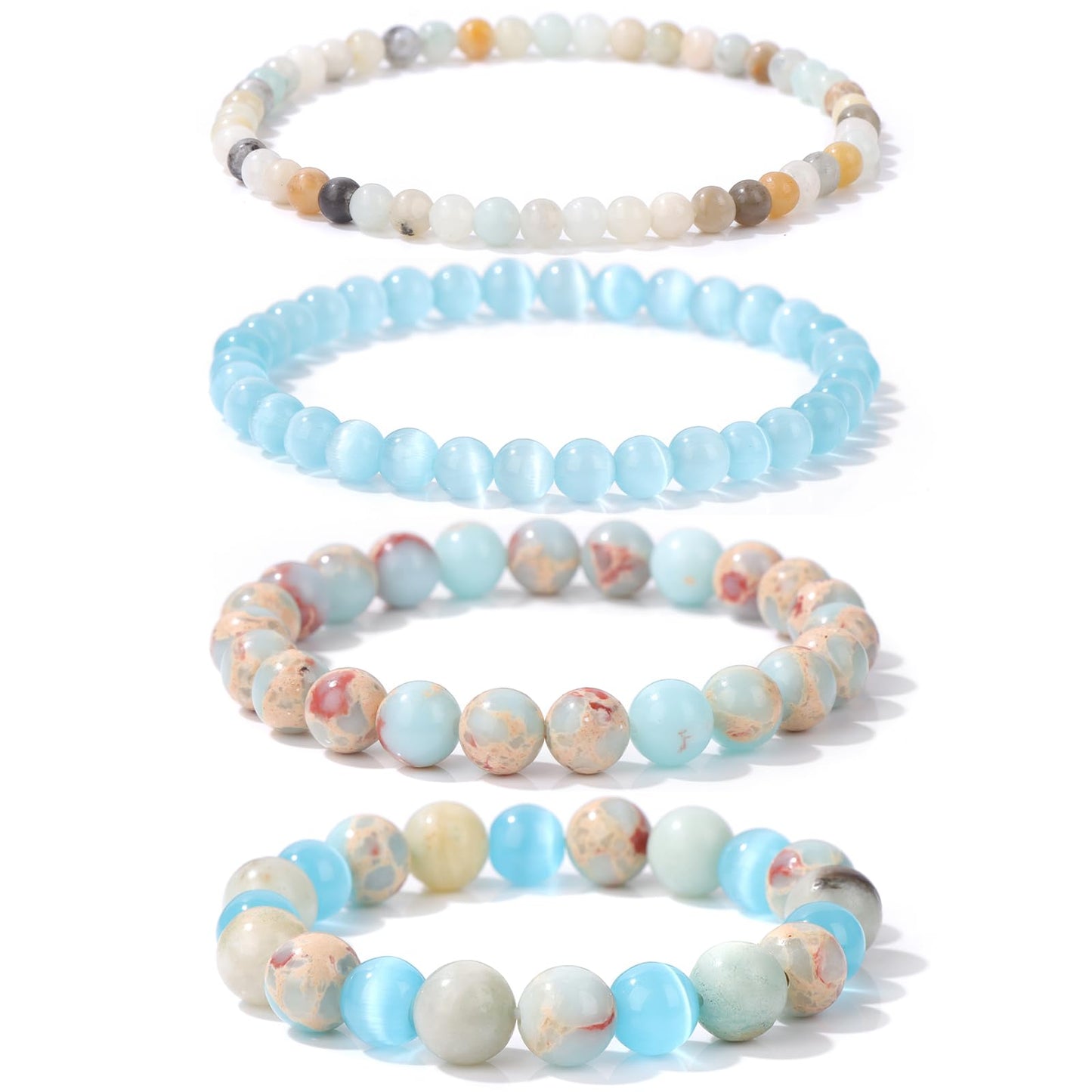 Vinswet 4pcs Natural Stone Beaded Bracelets for Women Men,Healing Crystal Gemstones Stretch Bracelet,4mm 6mm 8mm 10mm Amazonite Blue cat eyes Blue Jasper Anxiety Stress Relief Bracelet Jewelry Gifts