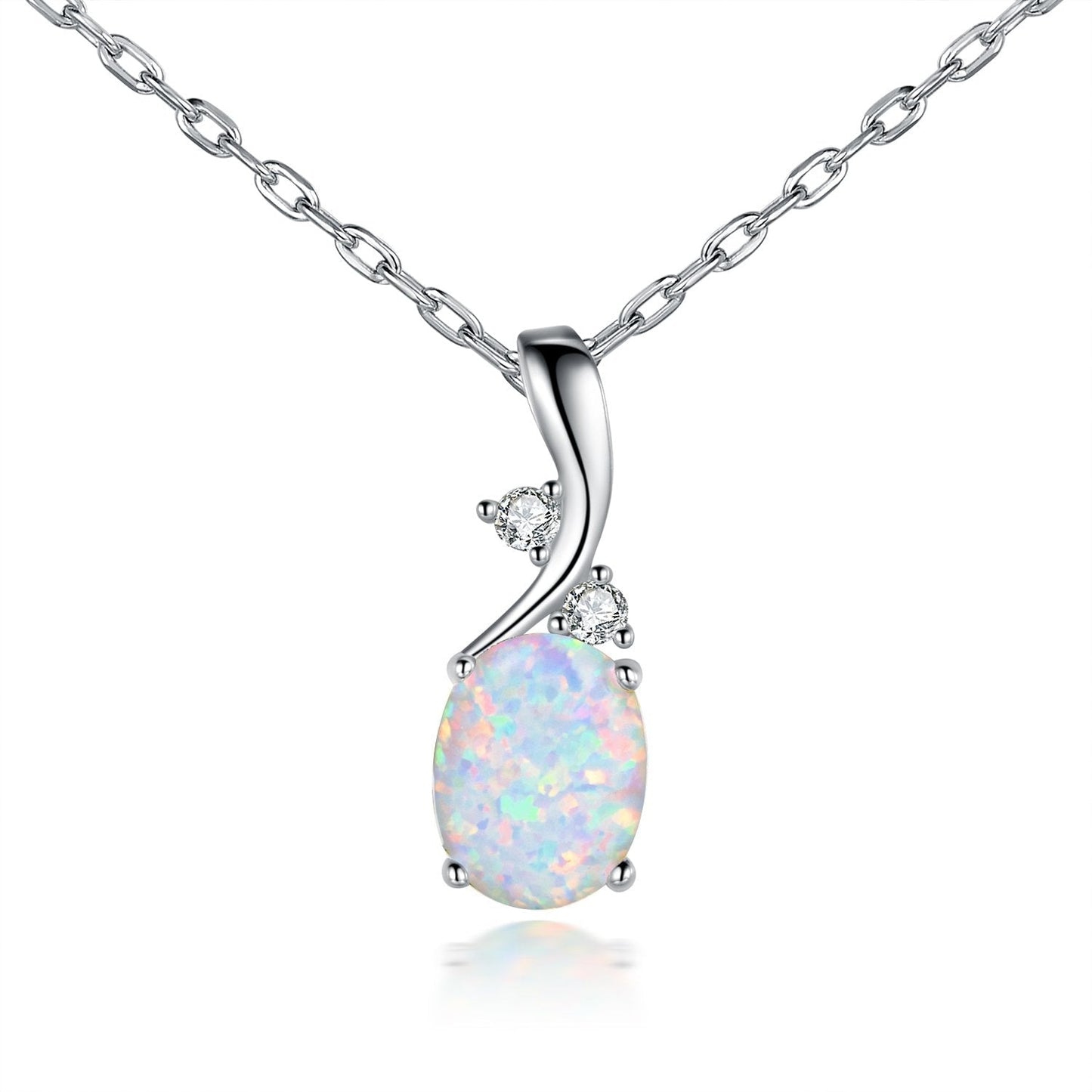 VOLUKA Oval White Opal Pendant Necklace 18K White Gold Plated 7x9mm Birthstone Best Friend 17.5 Inch OPALTOP