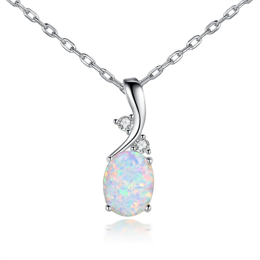 VOLUKA Oval White Opal Pendant Necklace 18K White Gold Plated 7x9mm Birthstone Best Friend 17.5 Inch OPALTOP