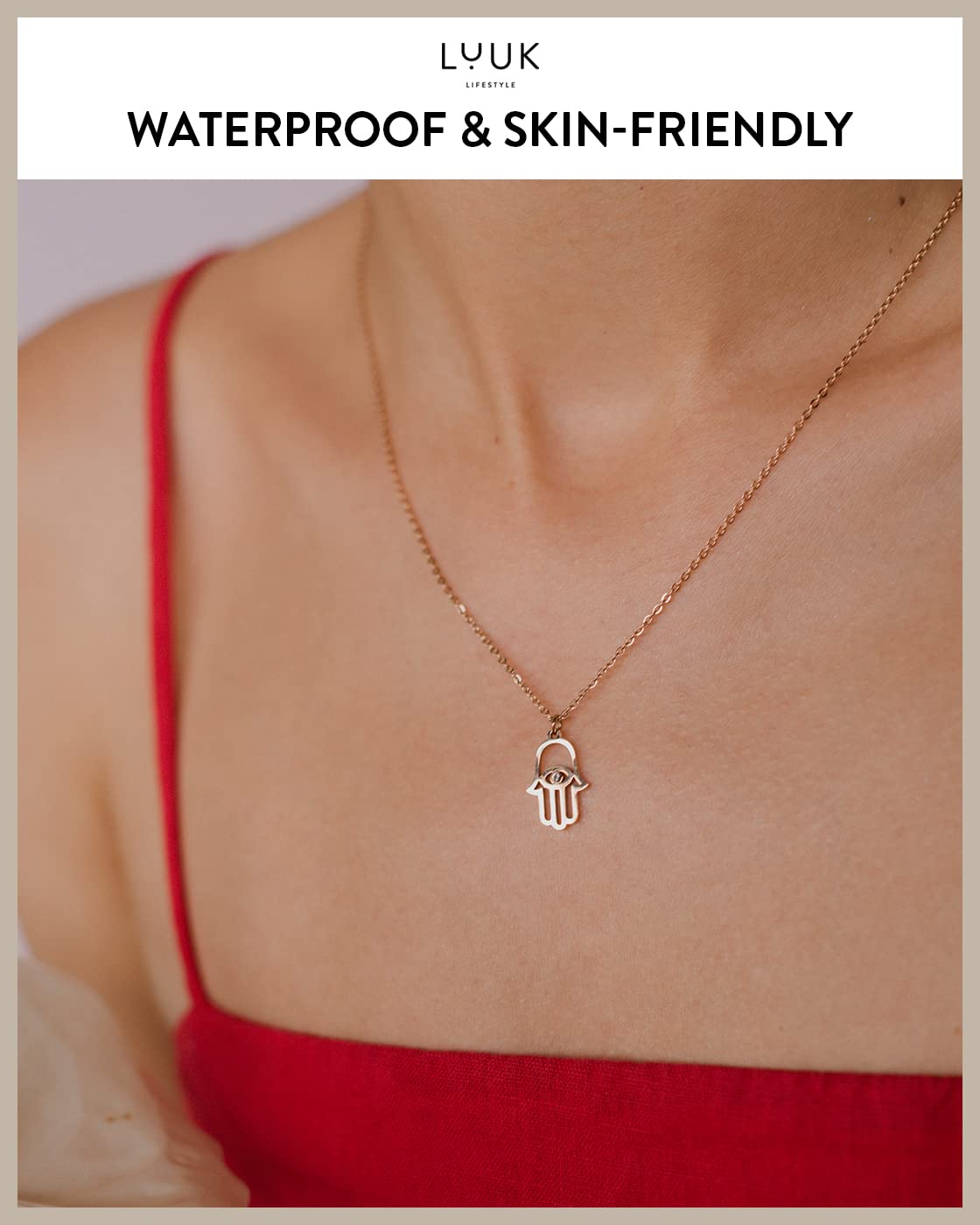 LUUK LIFESTYLE Stainless steel filigree necklace with hand pendant Fatima | Hamsa and HAPPINESS gift card, lucky charm with oriental symbol, feminine jewel from the southern countries, rose gold