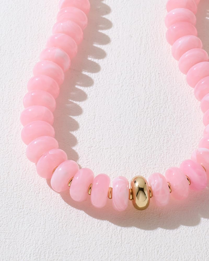 FAUTHENTICUTE Pink Beaded Choker Necklace for Women Chunky Acrylic Resin Bead Statement Necklaces with Gold Accent Trendy Summer Beach Necklace Western Style Boho Bead Jewelry Gift