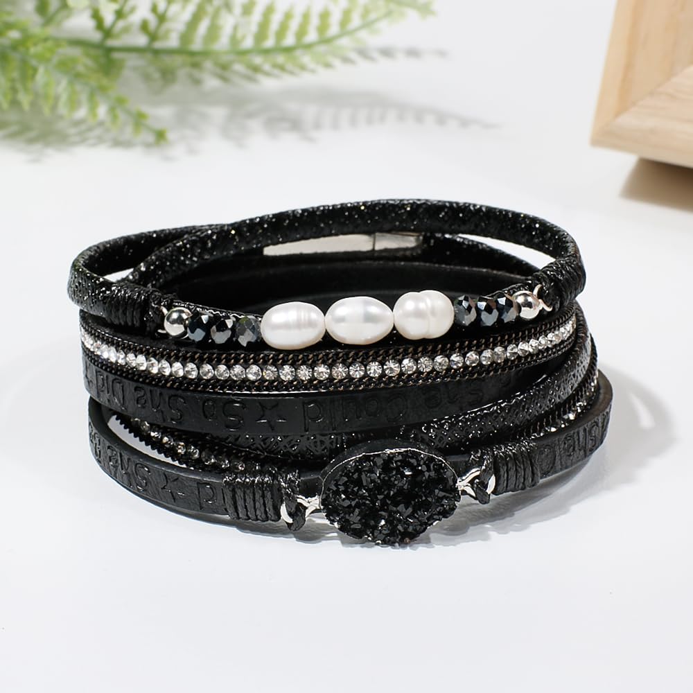 Artilady Leather Wrap Bracelet for Women - Handmade Clasp Bangle Bracelet with Pearl Beads Crystal Wristbands Jewelry Gift for Ladies and Mother