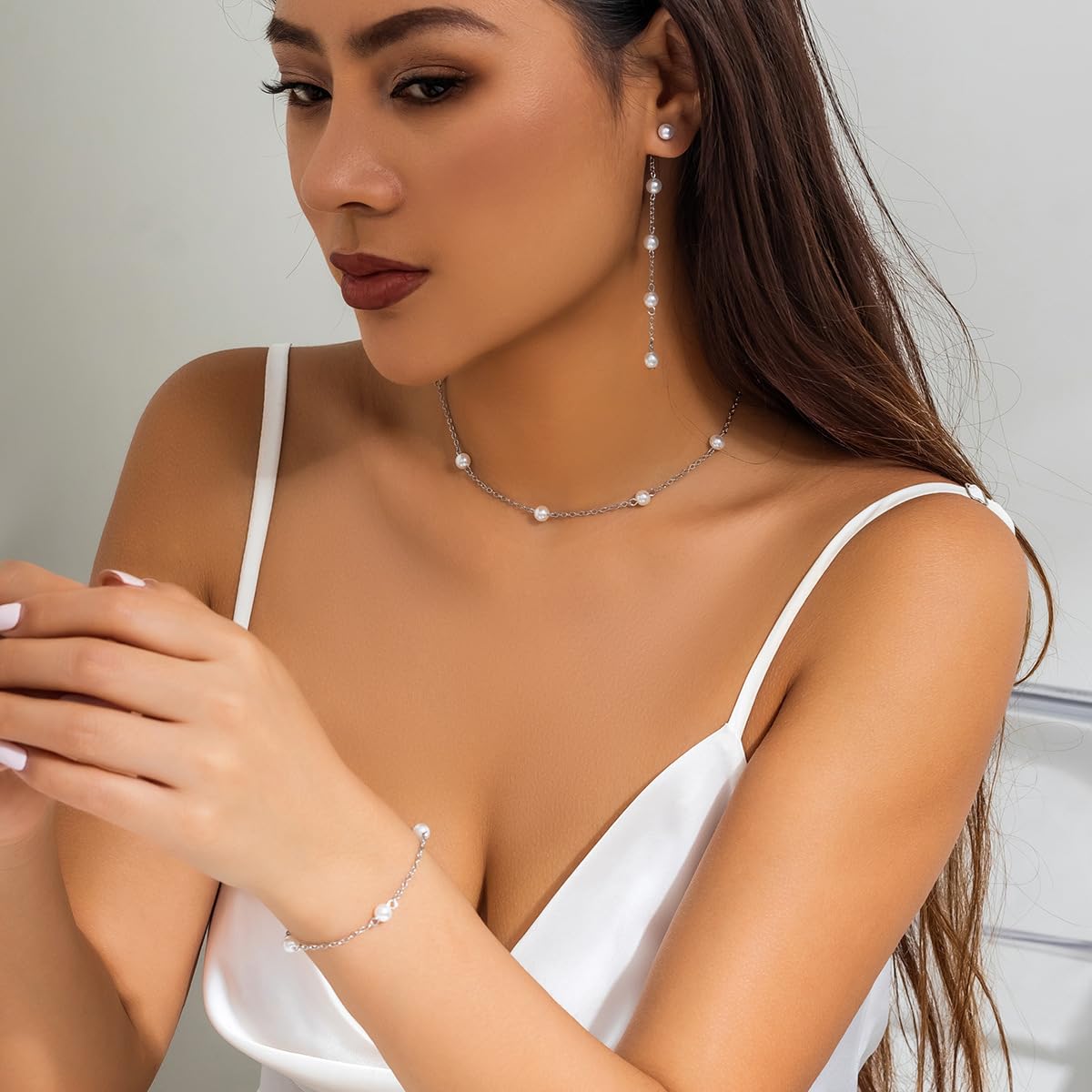 CSIYANJRY99 Pearl Necklace and Earring Set Faux Pearl Jewelry Sets for Women Imitation Beaded Pearl Necklace Bracelet Stud Earrings for Women G