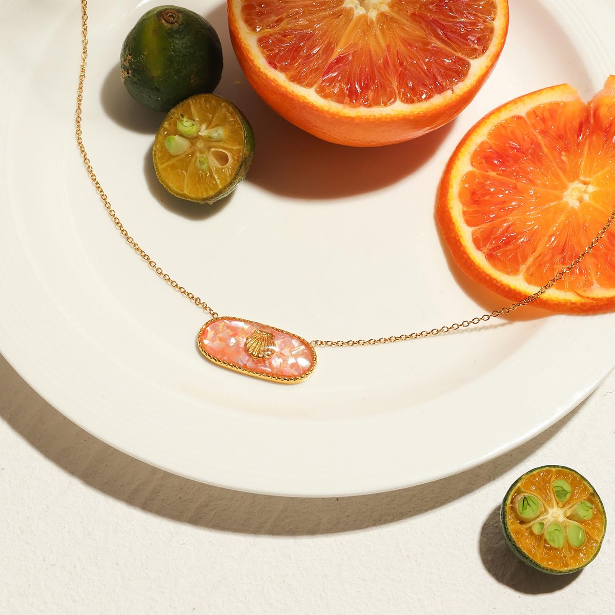 NUZON Enamel Seashell Pendant Necklace for Women Delicate 14K Gold Plated Chain Dangling Oval Inlay Pink Shell Necklace Ocean Cute Jewelry Gift Adjustable 16''