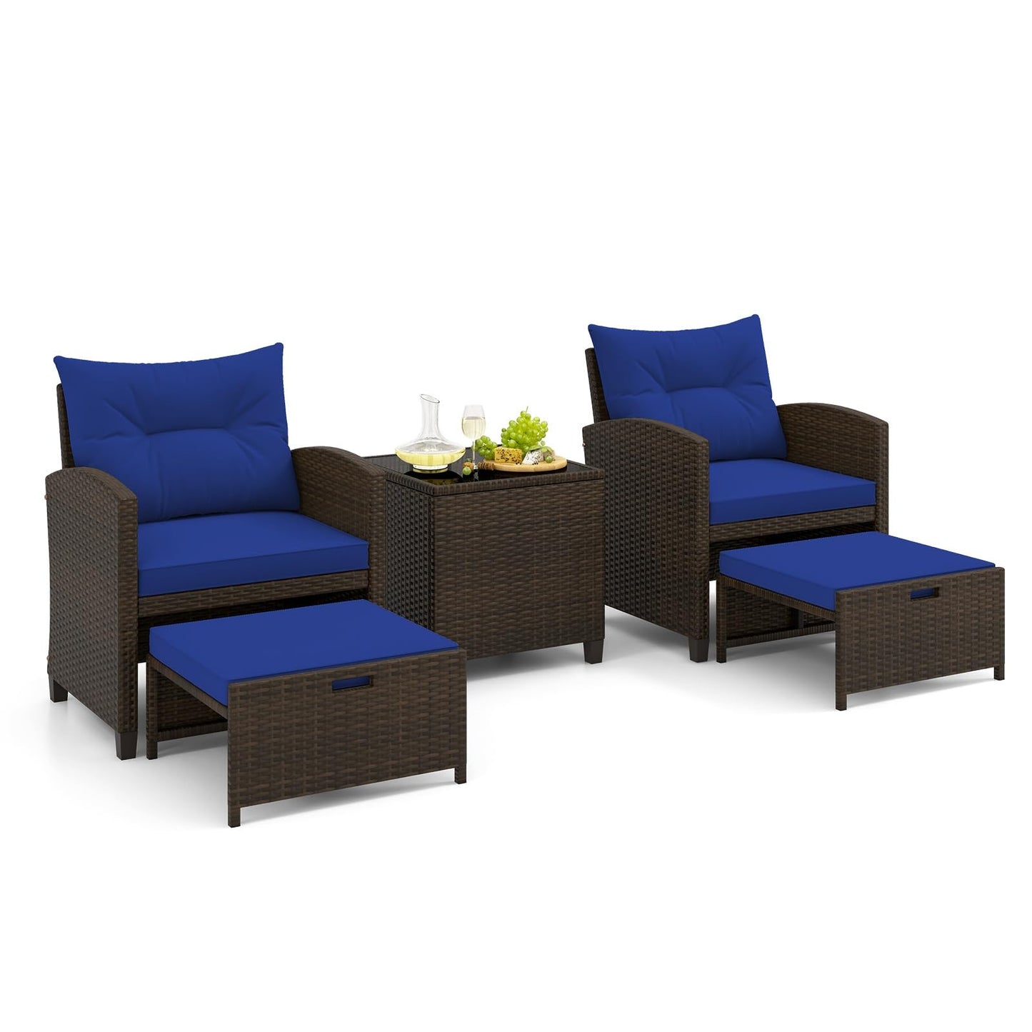 Tangkula 5 Pieces Patio Conversation Set, PE Wicker Rattan Outdoor Furniture Set with 2 Chairs, 2 Ottomans & Tempered Glass Coffee Table, Ideal for Poolside, Backyard, Lawn, Deck, Mix Brown & Navy