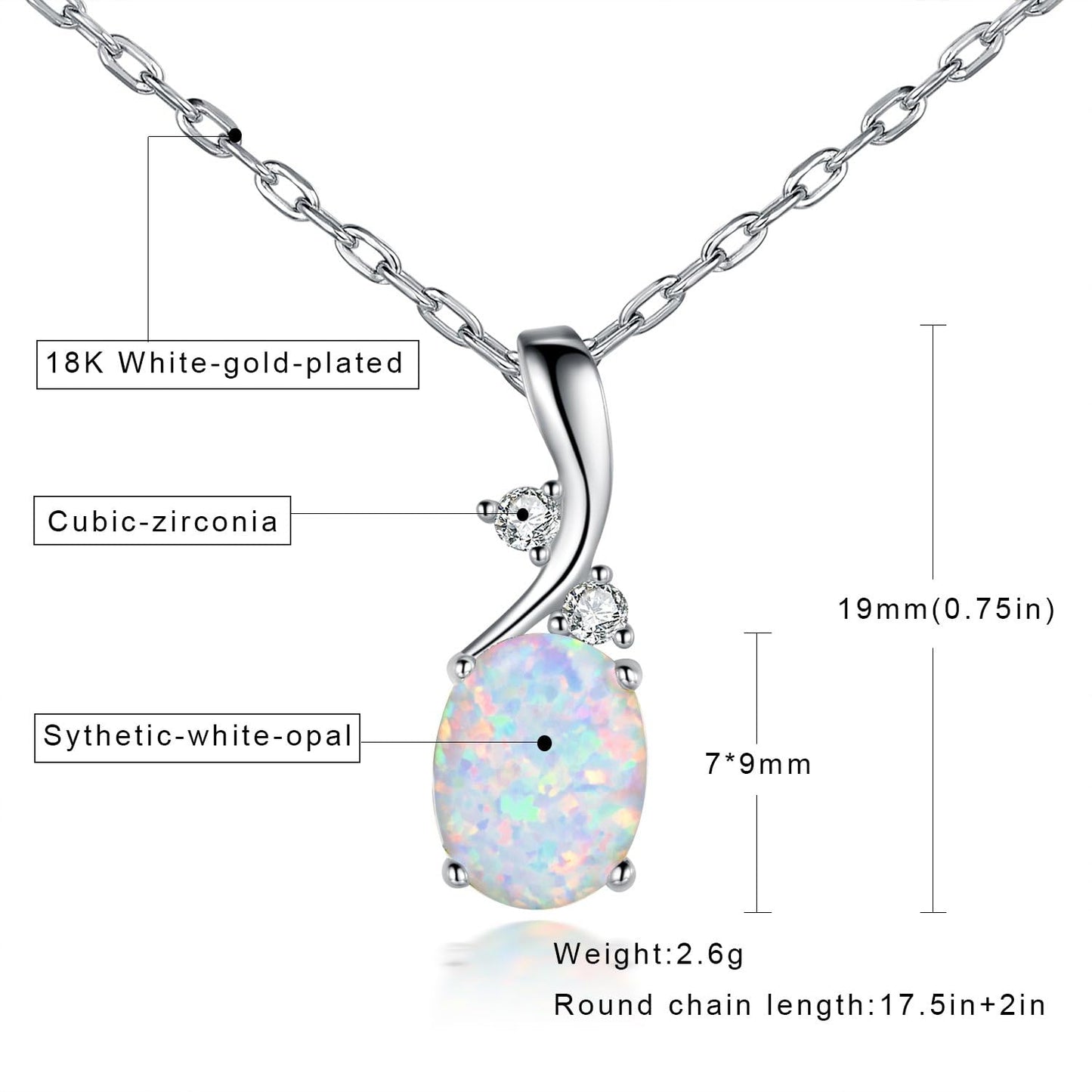 VOLUKA Oval White Opal Pendant Necklace 18K White Gold Plated 7x9mm Birthstone Best Friend 17.5 Inch OPALTOP