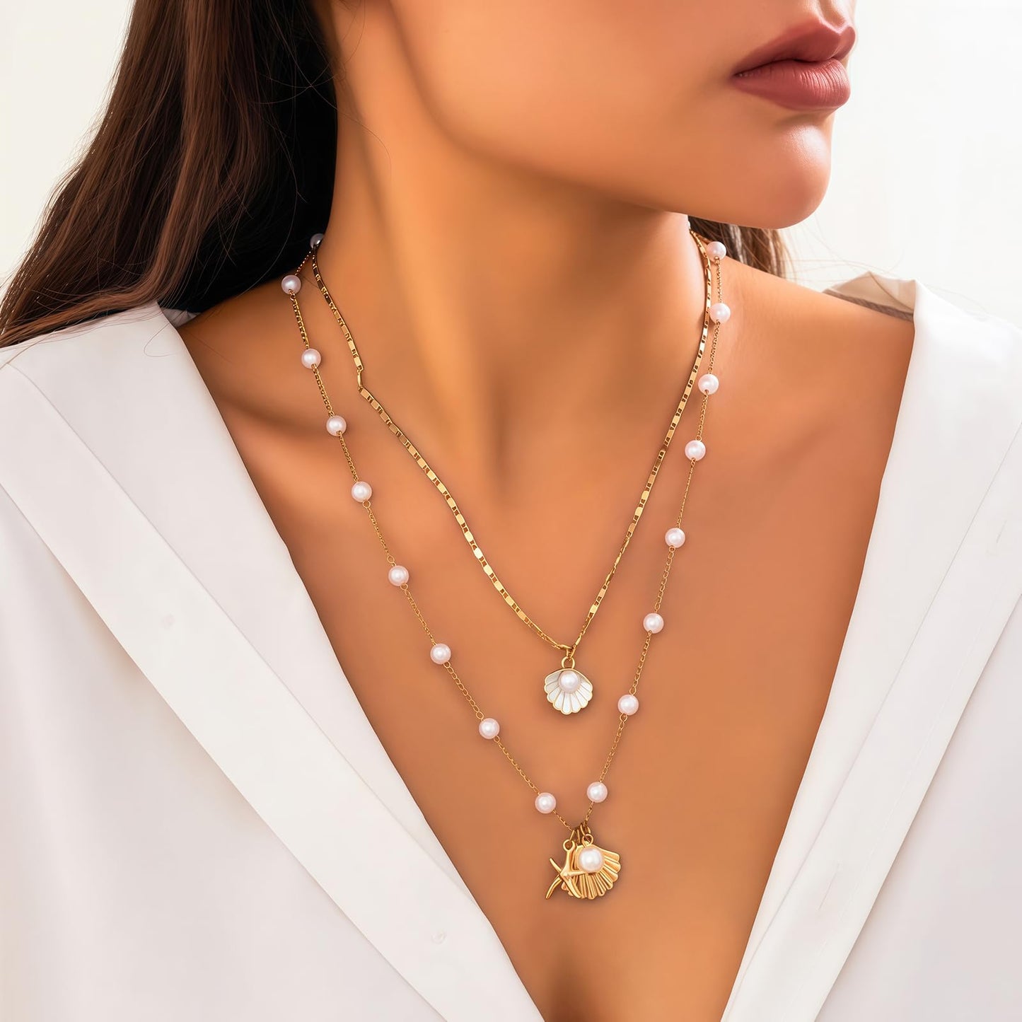 Shell Starfish Necklace for Women, 14k Gold Plated Boho Layered Beaded Charm Pendant Necklace, Dainty Adjustable Pearl Conch Summer Beach Vacation Jewelry Gifts(Shell&Pearl)