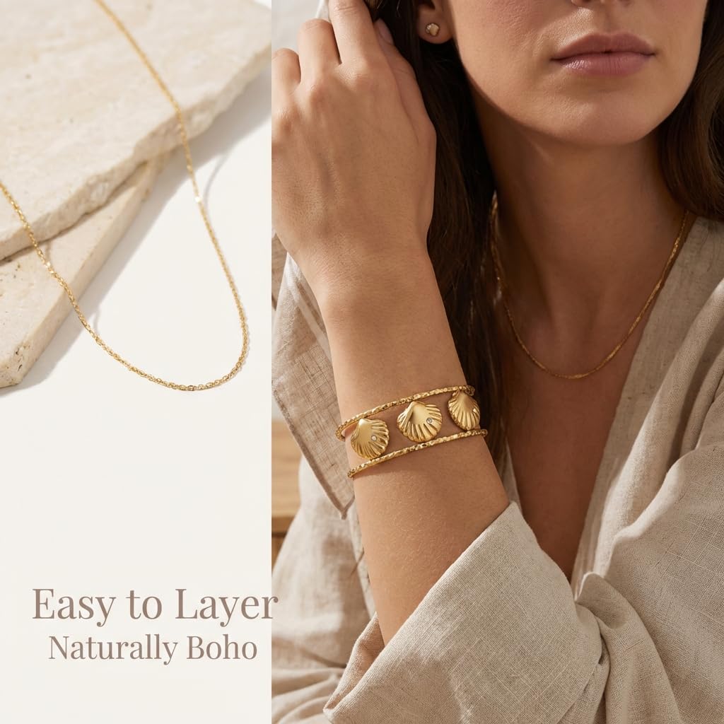MystiGlimmer Starfish Bracelet with Luxury Gift Box 18K Gold Plated Stainless Steel, Adjustable Open Cuff, Waterproof & Hypoallergenic Jewelry Gift for Women (3Seashell)