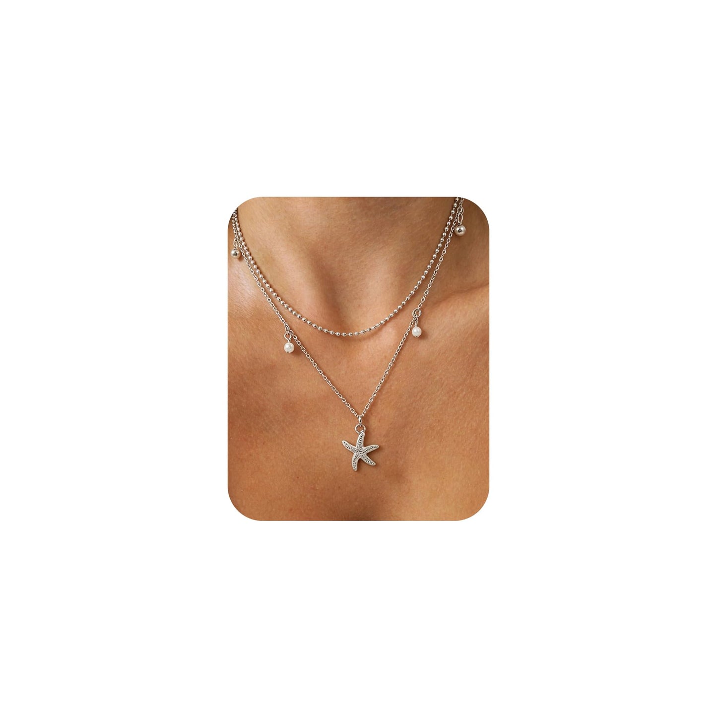 Starfish Shell Necklace for Women,14k Gold Plated Silver Layered SeaShell Pearl Pendant Charm Necklaces Dainty Non Tarnish Adjustable Waterproof Beaded Necklace Stack Jewelry for Summer Beach Vacation (Silver Starfish Necklace)