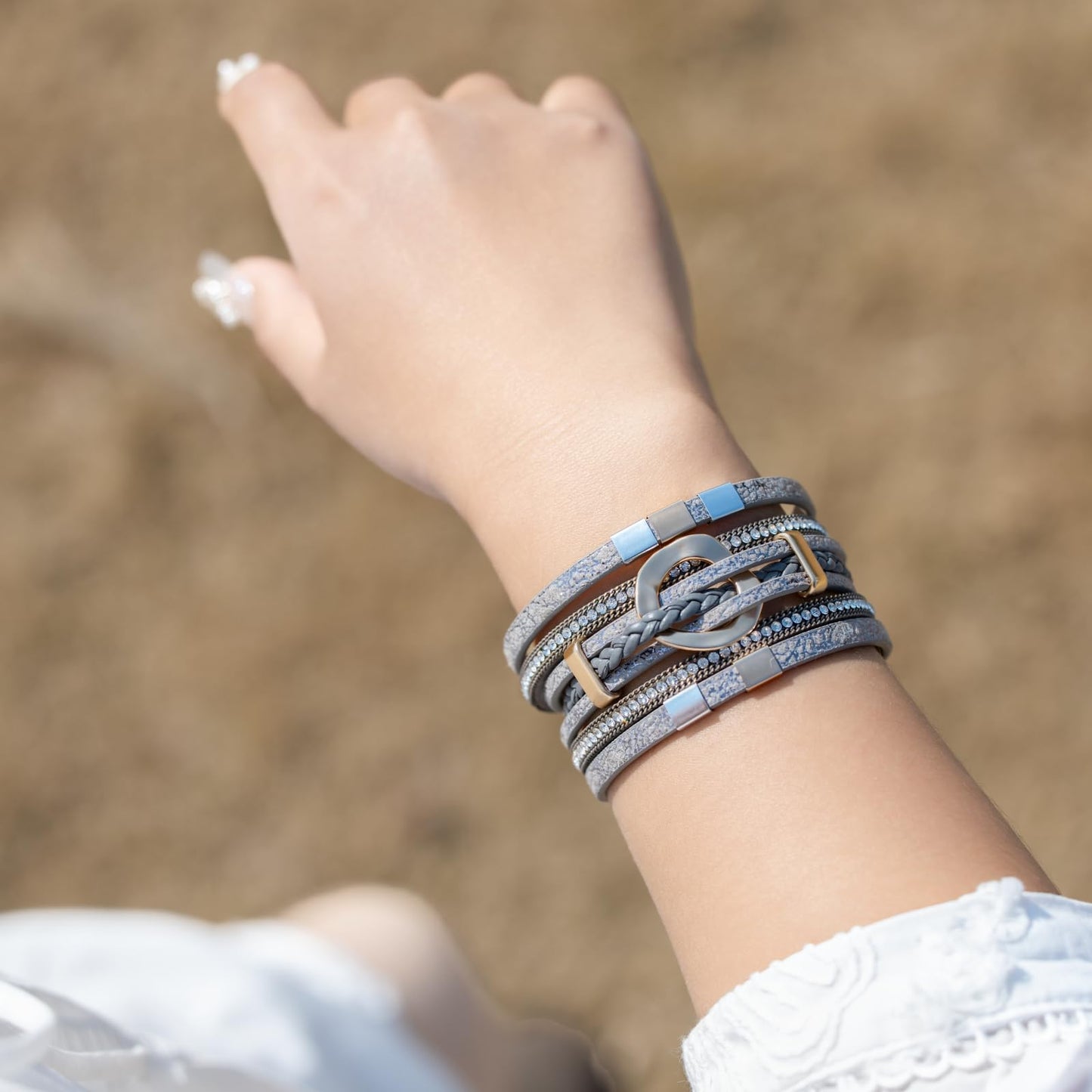 FANCY SHINY Boho Leather Wrap Bracelets Circle Square Bead Braided Handmade Stackable Bracelet Trendy Cuff Bangle for Women(Grey)
