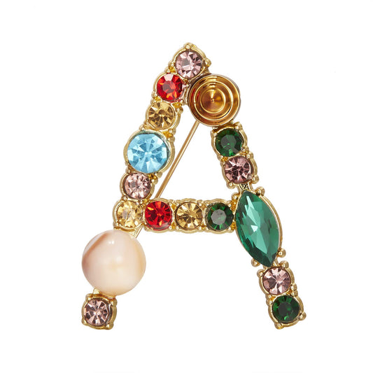 RINHOO Crystal Pearl Initial Brooch Gold Plated Enamel Colorful Letter Alphabet Breastpin Pin Jewelry for GIFTS (Gold A)