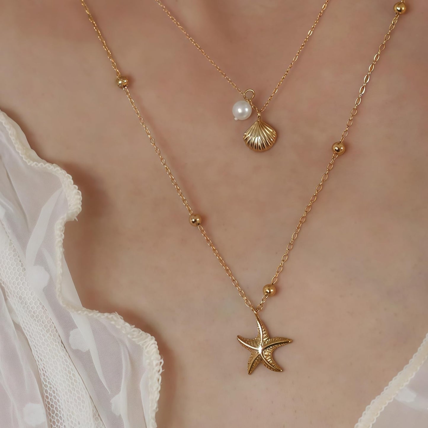 Shell Starfish Necklace for Women, 14k Gold Plated Boho Layered Beaded Charm Pendant Necklace, Dainty Adjustable Pearl Conch Summer Beach Vacation Jewelry Gifts(Shell&Starfish)