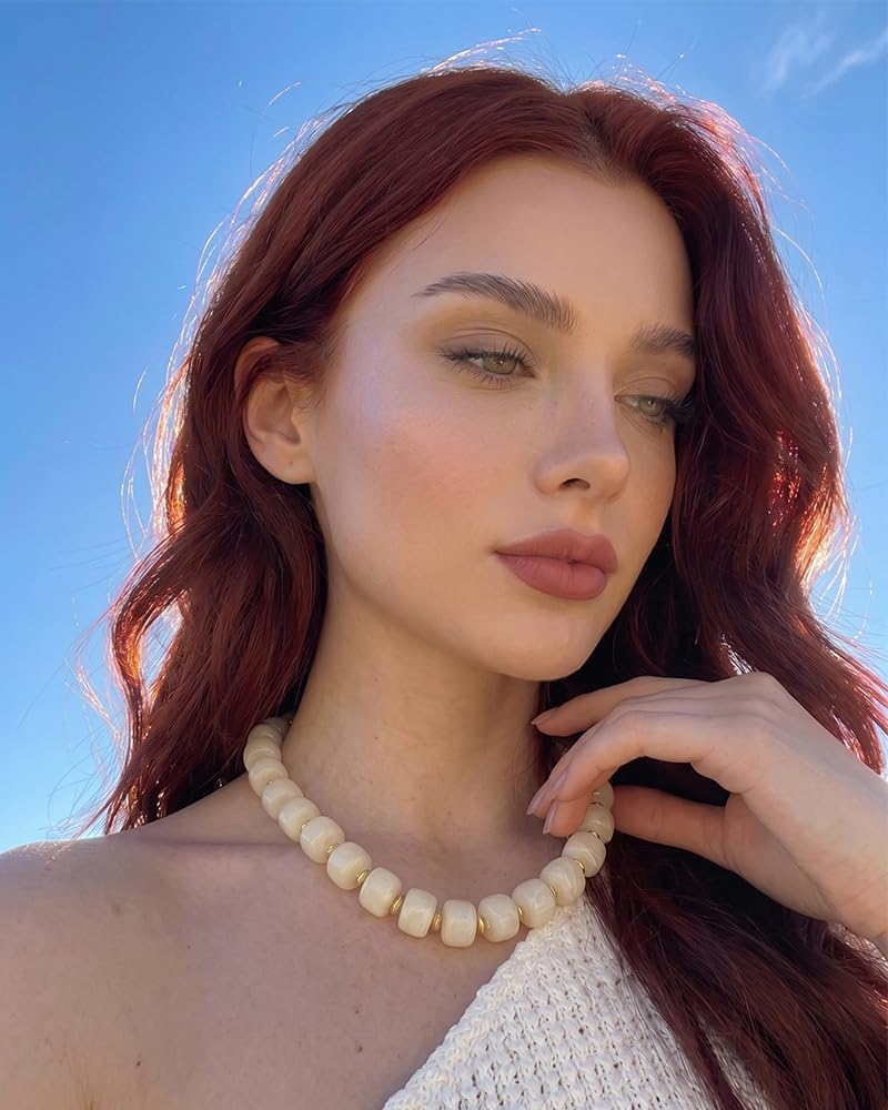 FAUTHENTICUTE White Resin Beaded Necklace for Women Boho Statement Necklaces Trendy Summer Beach Jewelry Western Style White Bead Necklace Everyday Layered Choker Necklaces for Women