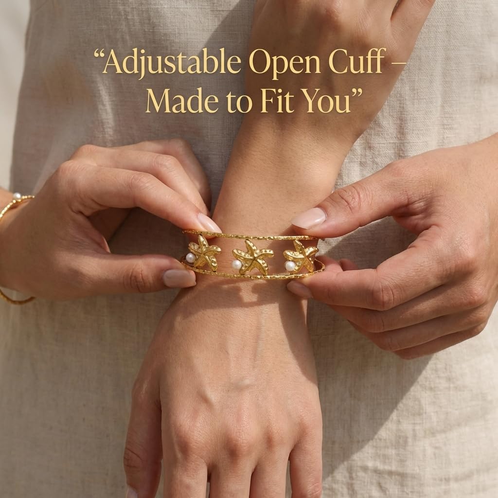 MystiGlimmer Starfish Open Cuff Bracelet for Women 18K Gold Plated Stainless Steel, Adjustable Ocean-Inspired Arm Cuff, Waterproof, Hypoallergenic Beach Jewelry Gift (3 Starfish)