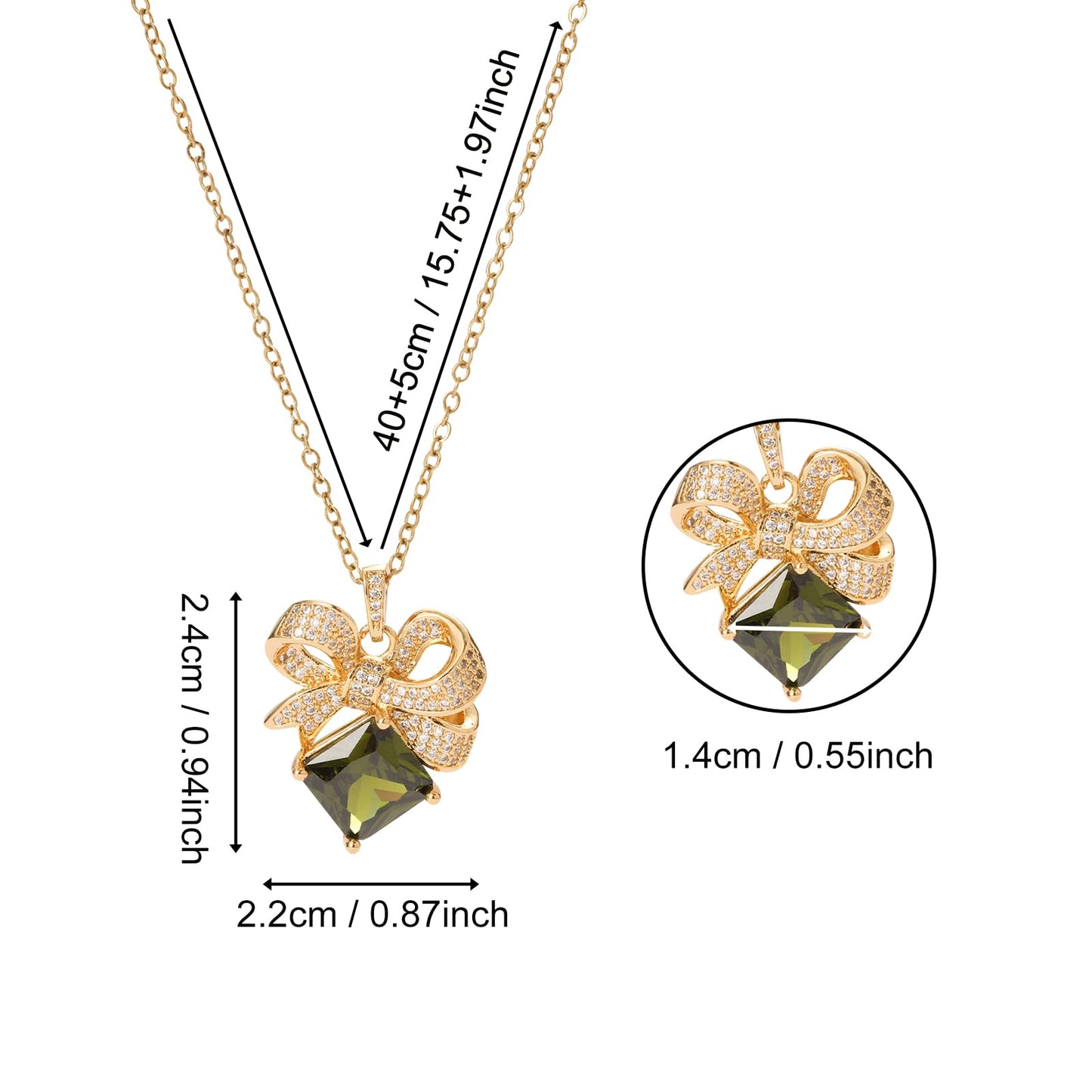 Green Square August Birthstone Peridot Bow Necklace for Women-Gold Plated Healing Crystal Imitation Peridot Pendant Waterproof Non Tarnish Vintage Necklace For Birthday Valentines Day Mother's Day Christmas Thanksgiving Gifts