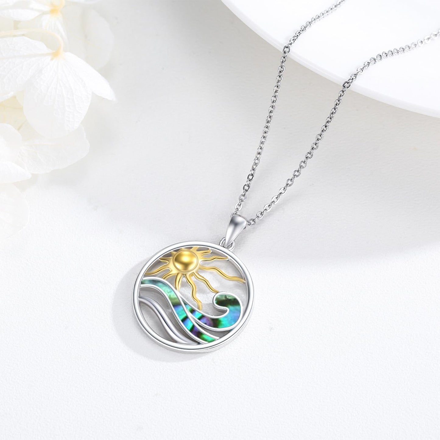 Midir&Etain Ocean Wave Necklace 925 Sterling Silver Abalone Shell Pendant Sun Necklace Ocean Surf Necklace Summer Hawaiian Beach Ocean Jewelry for Women