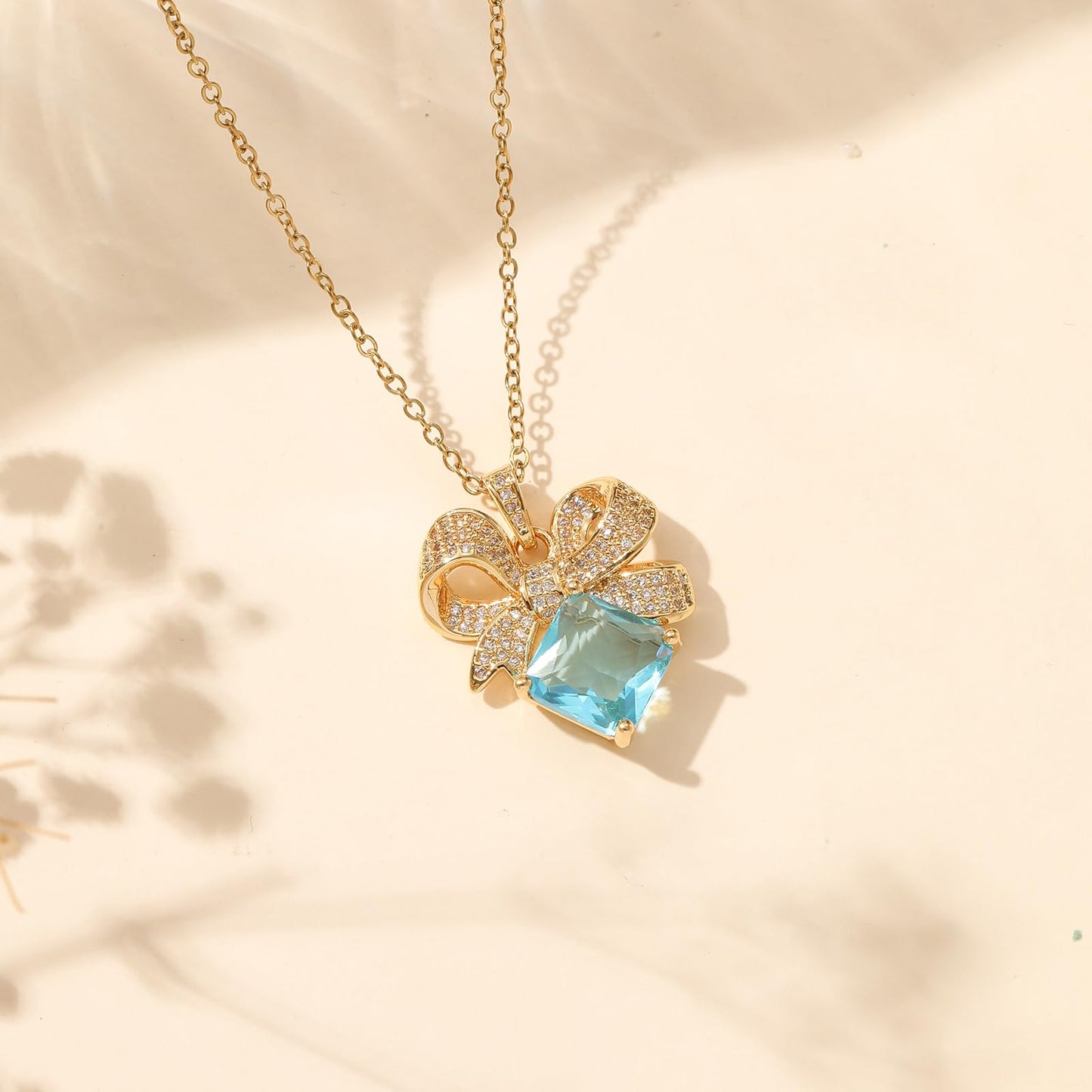 Blue Square March Birthstone Aquamarine Bow Necklace for Women-Gold Plated Healing Crystal Imitation Aquamarine Jewelry Waterproof Non Tarnish Jewelry For Birthday Valentines Day Mother's Day Christmas Thanksgiving Gifts