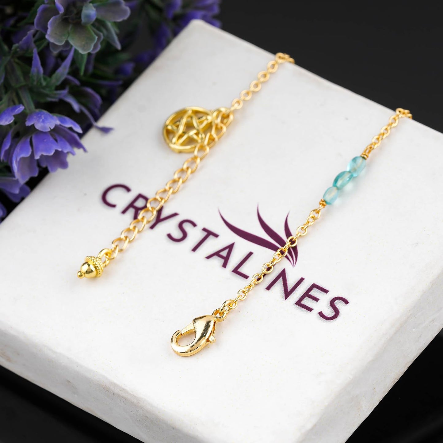 CRYSTALINES Natural Sky Blue Apatite Gemstone Nuggets Beads, Handmade Station Dangle Star Charms Anklet, 14K Gold Plated, Adjustable Fashion Boho Jewelry for Women, Healing Crystals, Christmas Gift