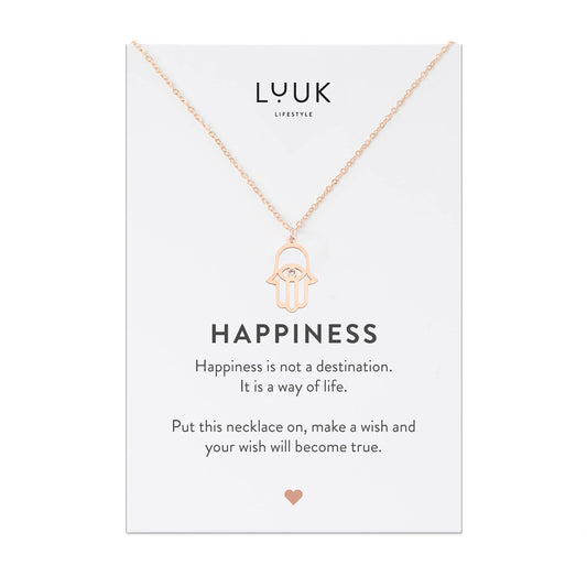 LUUK LIFESTYLE Stainless steel filigree necklace with hand pendant Fatima | Hamsa and HAPPINESS gift card, lucky charm with oriental symbol, feminine jewel from the southern countries, rose gold