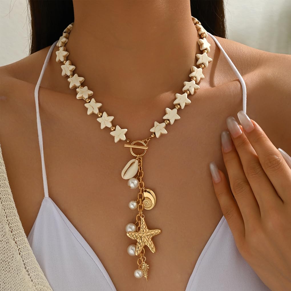 Stringex Seashell Starfish Choker Necklace for Women Boho Gold Starfish Pendant Necklaces Chunky Turquoise Beaded Long Necklace Trendy Holiday Jewelry Gifts (White)