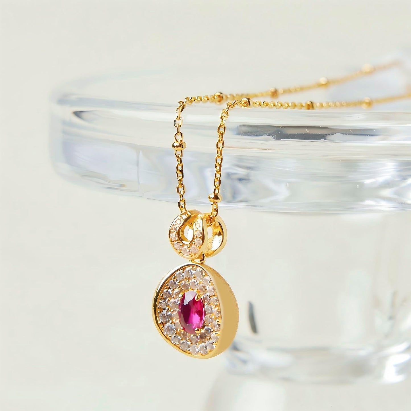 Tessalyn Ruby Necklaces for Women, 18K Gold Plated Round Faux Diamond Halo Pendant Necklace, Cubic Zirconia Halo Necklace
