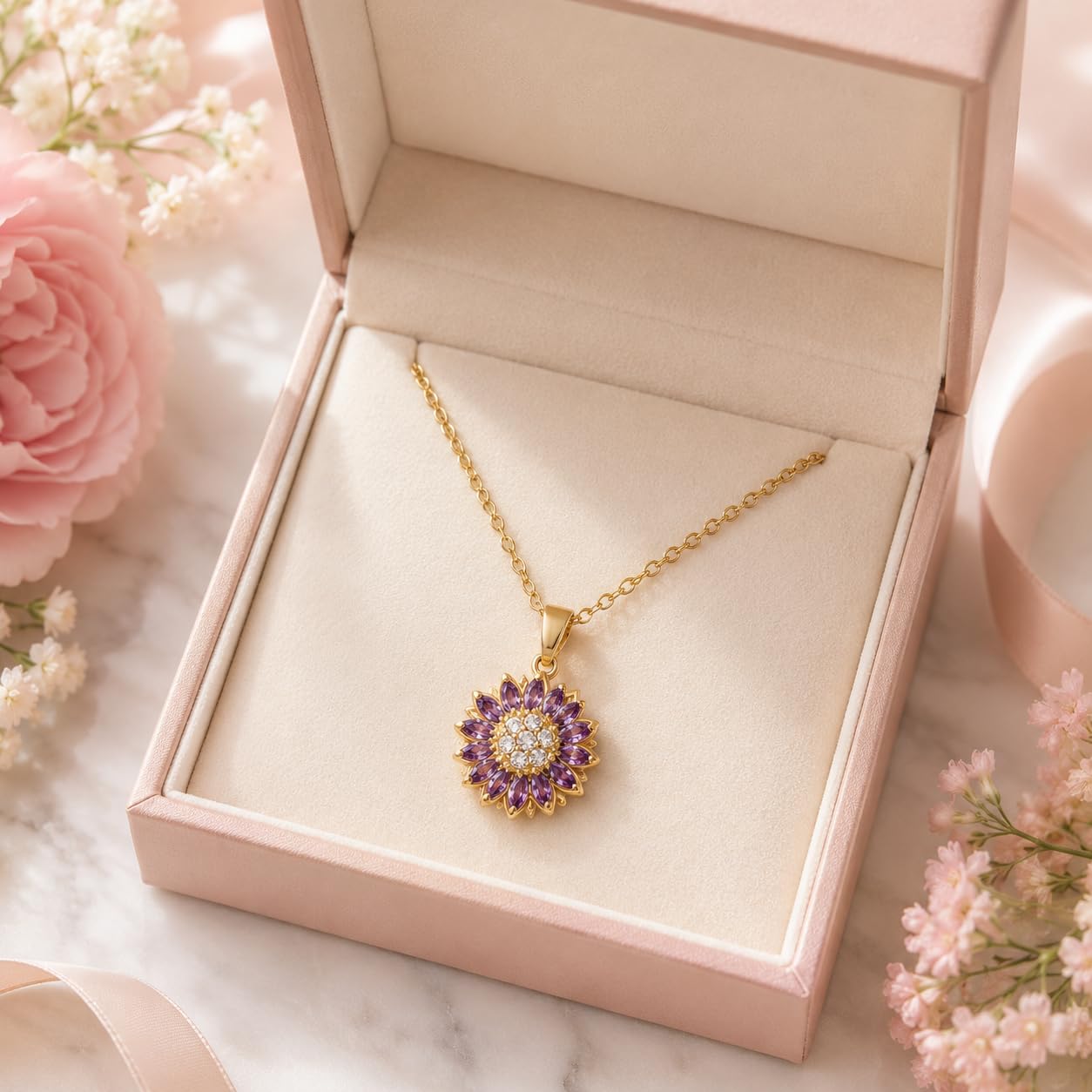 KONPJE Sunflower Fidget Necklace for Women Gold Moon Necklace Rotating Heart Necklaces Spinning Crystal Flower Anxiety Necklaces Crescent Moons Jewelry Accessories (Gold Purple)