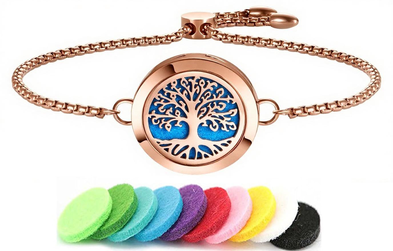 Aromatherapy Essential Oil Diffuser Bracelet, Tree of Life Pattern Locket Adjustable Link for Women Birthday Jewelry Gifts Trendy for Wife Mothers(Rose Gold)