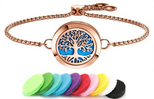 Aromatherapy Essential Oil Diffuser Bracelet, Tree of Life Pattern Locket Adjustable Link for Women Birthday Jewelry Gifts Trendy for Wife Mothers(Rose Gold)