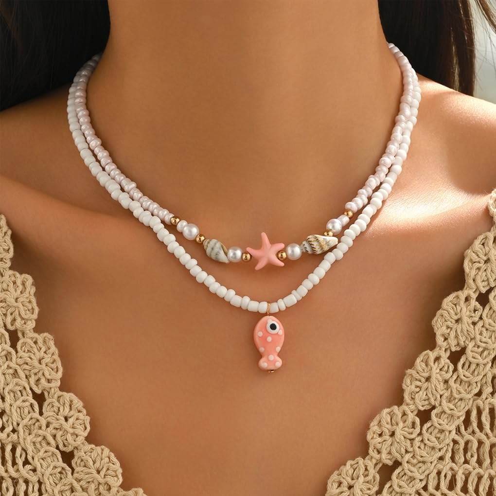 Starfish Conch Layered Necklaces for Women Charm Pearl Beaded Choker Necklace Boho Starfish Fish Pendant Necklaces Trendy Beach Jewlery Accessories (White3)